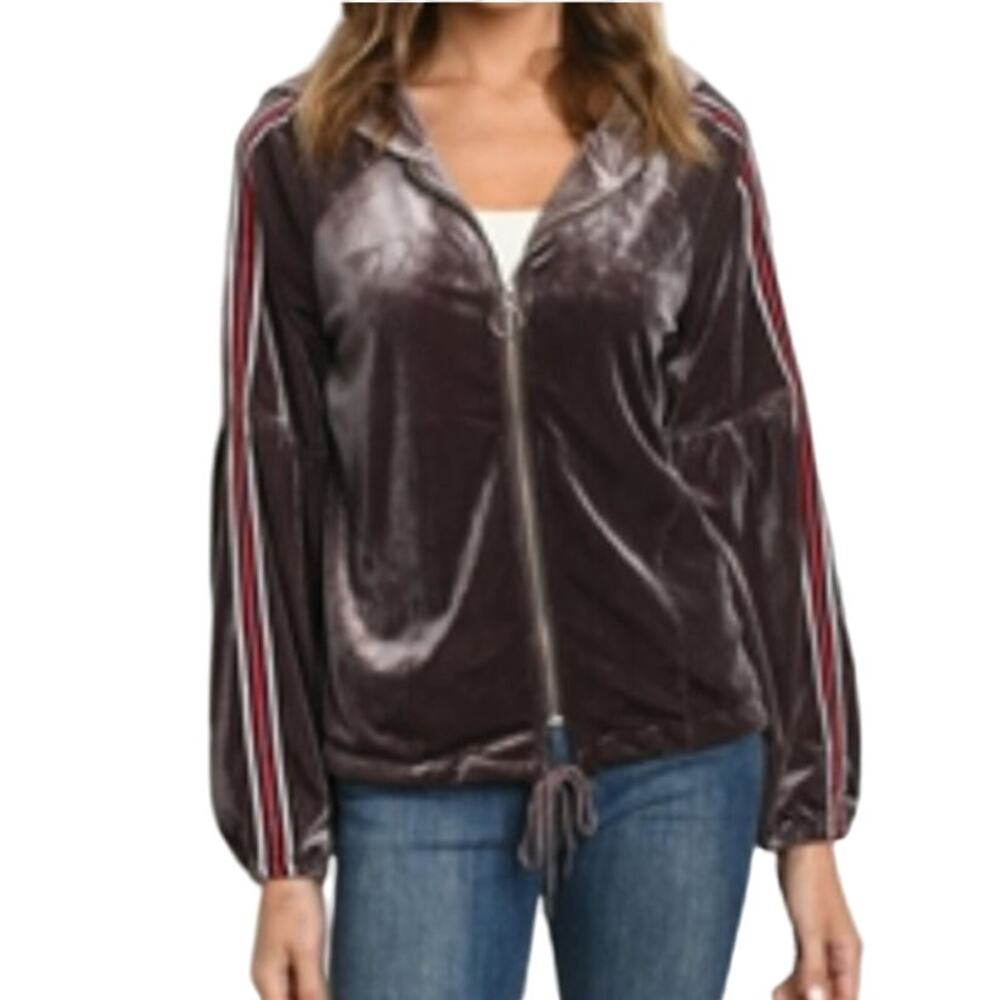 Very J S NEW Mauve Brown Velvet Zip Hoodie Racing Stripe Velour Cozy